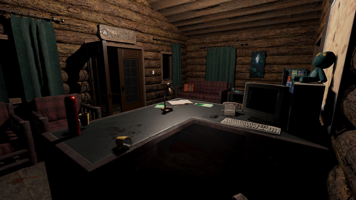 Image of a dark-lit lodge in Phasmopobia with a desk present.