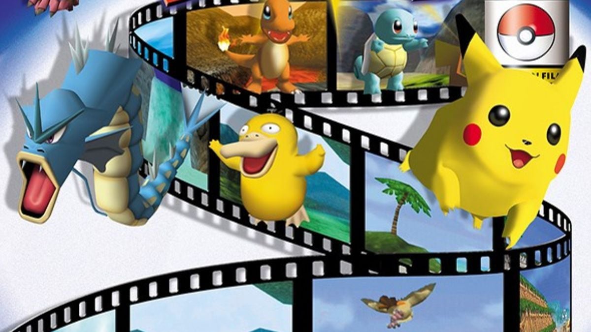 Pokemon-Snap-cover-art-featuring-film-reel-with-Pikachu-Squirtle-Charmander-and-Psyduck